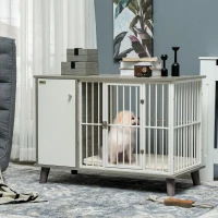 PawHut Dog Crate Furniture, Indoor Pet Kennel Cage, Top End Table w/ Soft Cushion, Lockable Door, for Small Dogs, 98 x 48 x 70.5 cm - Grey(m-2)