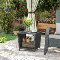 Outsunny Side Table 2-Tier Outdoor Coffee Table with Storage Shelf PS Wood Slat Top/Grey(m-10)