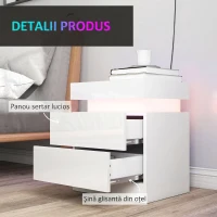 HOMCOM Set 2 Noptiere LED cu 4 Moduri, 2 Sertare, PAL, 45x35x52 cm, Alb Lucios(m-7)