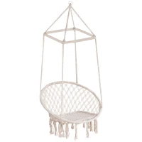 Outsunny Hängesessel Hängeschaukel Schwebesessel Hängestuhl Vintage Ethno wetterfest UV-beständig Baumwolle + Metall Beige Ø80 x H150 cm bis 100 kg(m-1)