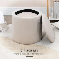 HOMCOM Set of 2 Round Ottoman with Storage, Fabric Vanity Stool for Makeup, Footrest Stool with Removable Lid for Living Room & Bedroom, Cream White(m-4)