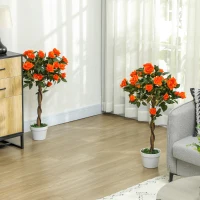 Outsunny Plantă artificială de trandafir cu 21 de flori, ghiveci umplut cu ciment și mușchi, Ø18x90 cm, portocalie(m-2)