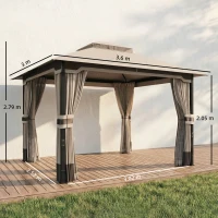 Outsunny 3 x 3.6 m Outdoor Garden Gazebo with Netting and Curtains, Double Roof Patio Gazebo Permanent Pavilion, Khaki(m-3)