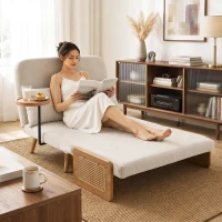 HOMCOM Sofá Cama 2 Plazas Convertible 3 en 1 Tapizado en Chenilla con Respaldo Ajustable Mesa Lateral 2 Almohadas Blanco Crema(m-3)