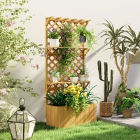 Outsunny Jardinière avec treillis lit surélevé de jardin en bois avec toit suspendu, trous de drainage et doublure, naturel(m-11)