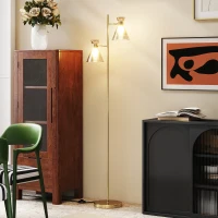 HOMCOM Lampada da Terra Moderna con 2 Luci e Teste Regolabili, Interruttore a Pedale, Oro(m-9)