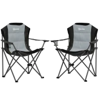 Outsunny Lot de 2 chaise pliante camping rembourrée à dossier haut avec porte-gobelet, charge 120Kg, gris foncé(m-1)