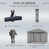 Outsunny vouwtent, 4 afneembare horren, waterafstotend dak, stalen frame, lichtgrijs, 3 x 3 m(m-5)