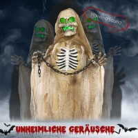 HOMCOM Halloween Decoratie, Hangend Skelet, Lichtgevende Kop, Griezelig Huilen, Buigzame Armen, Kaki(m-4)