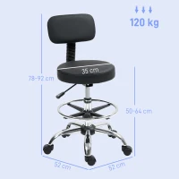 HOMCOM Banco Giratório com Rodas e Encosto Apoio para Pés Altura Ajustável Estofado em Couro Sintético 52x52x78-92 cm Preto(m-3)