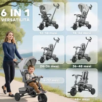 AIYAPLAY Triciclo per Bambini 6 in 1 con Maniglione di Spinta e Sedile Girevole, 111.5x52x98 cm, Grigio(m-4)