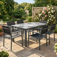 Outsunny Garden Dining Set with Acacia Wood Table Top, Outdoor Table and Stackable Chairs Set for 6 with Texteline Seat, Grey(m-8)