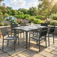 Outsunny Garden Dining Set with Acacia Wood Table Top, Outdoor Table and Stackable Chairs Set for 6 with Texteline Seat, Grey(m-2)