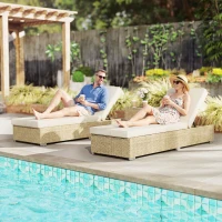 Outsunny Rattan Sun Loungers Set of 2 with Side Table, Garden Recliner Sunbeds with Adjustable Back, Cushions, Beige(m-2)