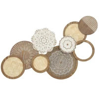 HOMCOM Décoration murale en bois, sculpture murale en bois, design unique à plusieurs disques, 83,8 x 44,5 cm, bois naturel(m-1)