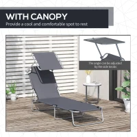 Outsunny 2 Pieces Outdoor Foldable Sun Lounger, 4 Level Adjustable Backrest Reclining Sun Lounger Chair with Angle Adjust Sun Shade Awning for Beach, Garden, Patio, Dark Grey(m-6)