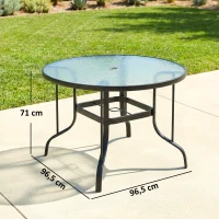Outsunny Tavolino da Giardino Rotondo con Foro per Ombrellone, in Metallo e Vetro Temperato, Ø96.5x71 cm, Nero(m-3)