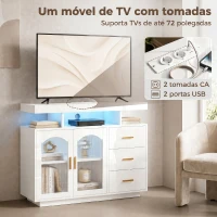 HOMCOM Aparador com LED RGB de 7 Cores, Tomadas, Portas USB, 3 Gavetas, Prateleiras Abertas, 2 Portas, Branco Brilhante, 100x35x80 cm(m-7)