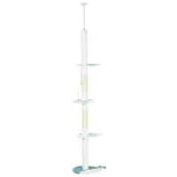 PawHut Albero Tiragraffi per Gatti a Soffitto con Palo Regolabile da 225-255 cm, Pallina e Piattaforme, Bianco(m-1)