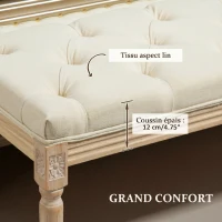 HOMCOM Banc Banquette classique capitonné 115cm bout de lit Rembourrée en lin - bois d'hévéa sculpté, patiné - crème(m-6)