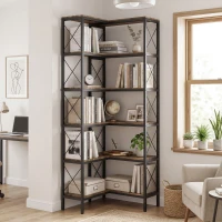 HOMCOM 5-Tier L-Shaped Bookshelf, Freestanding Corner Bookcase with Metal Frame, Rustic Brown(m-10)