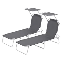 Outsunny 2 Pieces Outdoor Foldable Sun Lounger, 4 Level Adjustable Backrest Reclining Sun Lounger Chair with Angle Adjust Sun Shade Awning for Beach, Garden, Patio, Dark Grey(m-10)
