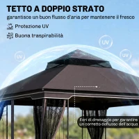 Outsunny Gazebo da Giardino 3x3m con Zanzariera e Tetto a 2 Livelli, Mensole Laterali e Ganci, Caffè(m-4)