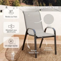 Outsunny 3 pièces salon de jardin extérieur ensemble de meubles 2 fauteuils empilables table basse dessus verre trempé gris clair(m-6)
