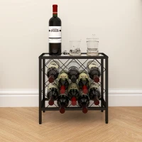 HOMCOM Suport pentru sticle de vin, 10 sticle, din oțel negru, cu blat din sticlă securizată, 41x22x41 cm(m-8)