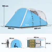 Outsunny Tente de camping familiale 3 personnes, tente tunnel imperméable, 2 portes fenêtres, ventilée 4,6 x 2,6 x 1,9 m, bleu(m-3)