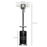 Outsunny Chauffage de terrasse à gaz 13 Kw 30 m² et IP44 chauffage radiant avec roues de transport étagère et protection contre le renversement détendeur et tuyau de gaz fournis alu et acier noir(m-3)