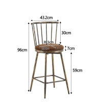 Tabouret de bar style Windsor en métal, assise ronde rembourrée, 39x39x96 cm, Marron(m-3)