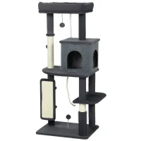 PawHut Mehrstöckiger Katzenbaum 132 cm mit Häuschen, Bett, Kratzpfosten, Bürste und Ball, Dunkelgrau(m-7)