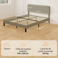HOMCOM Cadre de lit 160 x 200 cm, sommier à lattes en bois, tête de lit réglable, lit double rembourré en velours côtelé, gris(m-3)