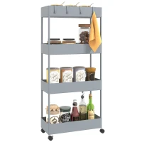 HOMCOM Keukenwagen met 4 Schappen, 4 Flexibele Haken, 4 Wielen, 40 cm x 19 cm x 90 cm, Niswagen, Grijs(m-11)