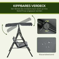 Outsunny Hollywoodschommel, tuinschommel, 3-zits schommelbank met dak, staal, 172 x 110 x 153 cm, Grijs+Wit(m-4)