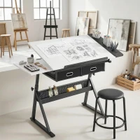 HOMCOM Tavolo da Disegno Tecnico Regolabile con Spazio Contenitore e Sgabello, in Metallo, 120x60x68-92 cm Bianco(m-10)