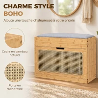 HOMCOM Banc chaussures entrée, banc de rangement en bambou, assise rembourrée, porte en rotin et étagère réglable, bois naturel(m-4)