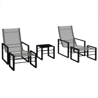 Outsunny Salon de jardin 5 pièces 2 places avec 2 fauteuils, 2 repose-pied et 1 table, métal noir, assise tissu mesh gris(m-1)
