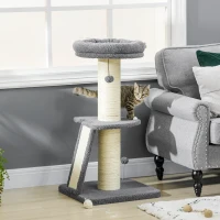 PawHut kattenboom, een platform, hangende speelgoedbal, sisal, donkergrijs+roomwit, 48 x 48 x 92 cm(m-2)