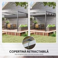 Outsunny Gazebo Pergolă 4x3 m cu Acoperiș Retractabil, Orificii de Drenaj, Picheți și Șuruburi, Pergolă de Grădină din Poliester și Metal, pentru Terasă, Verandă, Exterior, Gri Închis(m-4)
