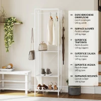 HOMCOM Cuier cu suport pentru pantofi pe 2 niveluri, bară pentru haine, 4 cârlige, raft superior, 52x30x180 cm, alb(m-8)