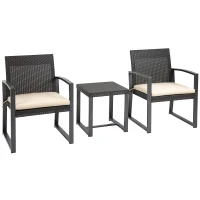 Outsunny Outdoor Garden PP Rattan Style Bistro Set, 3 PCS Patio Side Table Set w/ 2 Cushioned Single Chairs Conservatory Furniture, Brown(m-10)