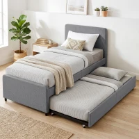 HOMCOM 3ft Single Bed Frame with Trundle, Upholstered Pull Out Trundle Bed with Headboard and Footboard, Dark Grey(m-13)