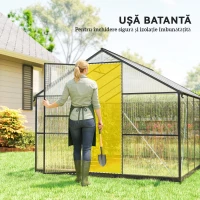 Outsunny Seră pentru grădină din policarbonat și aluminiu cu ușă batantă și 2 ferestre reglabile, 304x247x205 cm, negru(m-7)