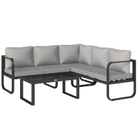 Outsunny L-vorm tuinset weerbestendig metaal zitgroep voor 5 personen tuinlounge met 2- en 3-zitsbank, kussens en bijzettafel, outdoor balkonmeubel-set terrasmeubel voor tuin en balkon, grijs(m-1)