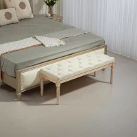 HOMCOM Banc Banquette classique capitonné 115cm bout de lit Rembourrée en lin - bois d'hévéa sculpté, patiné - crème(m-7)