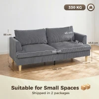 HOMCOM Sofá de 3 Lugares Revestido em Veludo Almofadas Espessas com Molas Assento Largo 2 Almofadas 188x80x86 cm Cinzento Escuro(m-3)