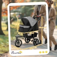 PawHut 2 in 1 Passeggino per Cani Pieghevole a 3 Ruote con Freno, Cestino Portaoggetti e Porta Bottiglia, in Acciaio e Oxford, Grigio e Nero, 109.5x57.5x106.5cm(m-3)