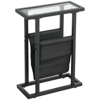 HOMCOM Bijzettafel in Metaal met Stoffen Tas en Glazen Blad, Smalle Tafel voor Woonkamer, Slaapkamer, Zwart(m-11)